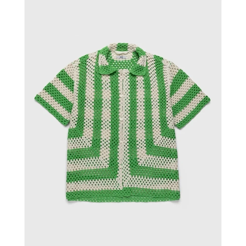 Bode Crochet Shirt (Sz S/M) Flagship Short Sleeve Button Up Striped Green Cream